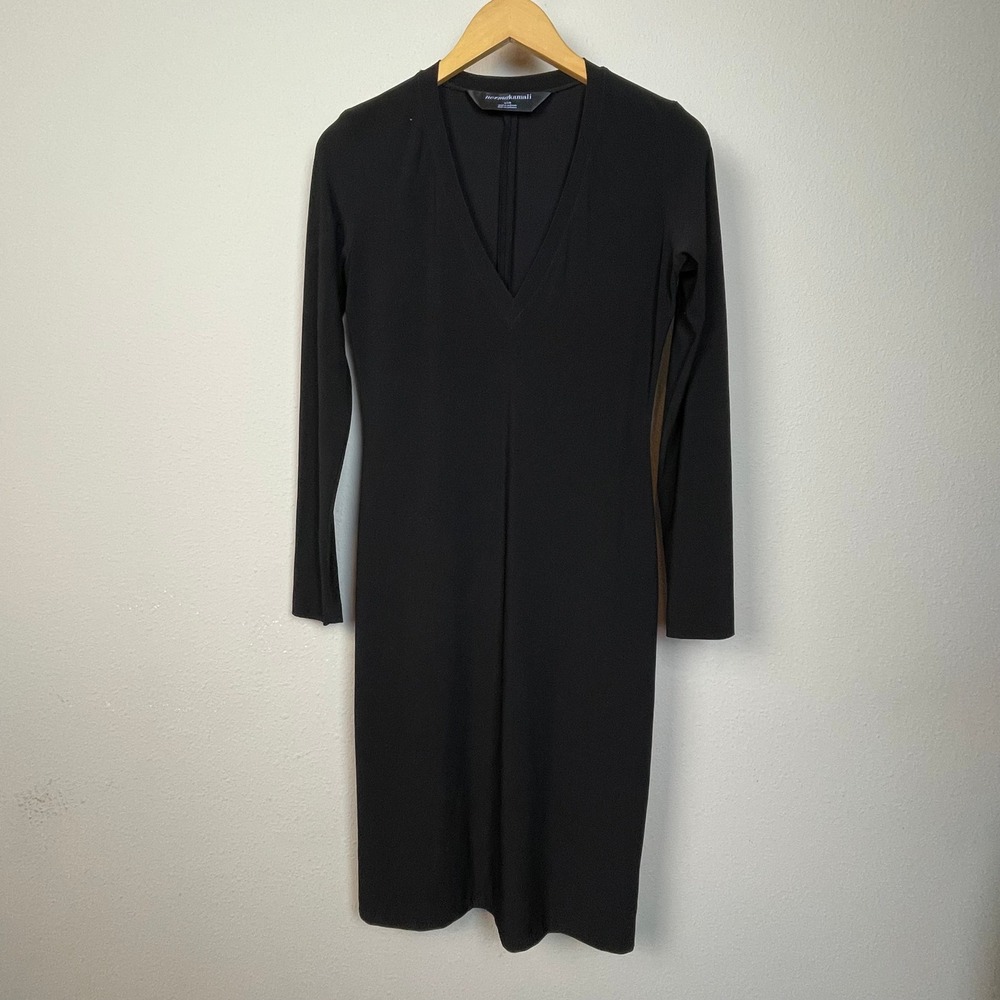 Norma Kamali Black Long Sleeve V Neck Sheath Midi Dress Size S Minimalist Goth